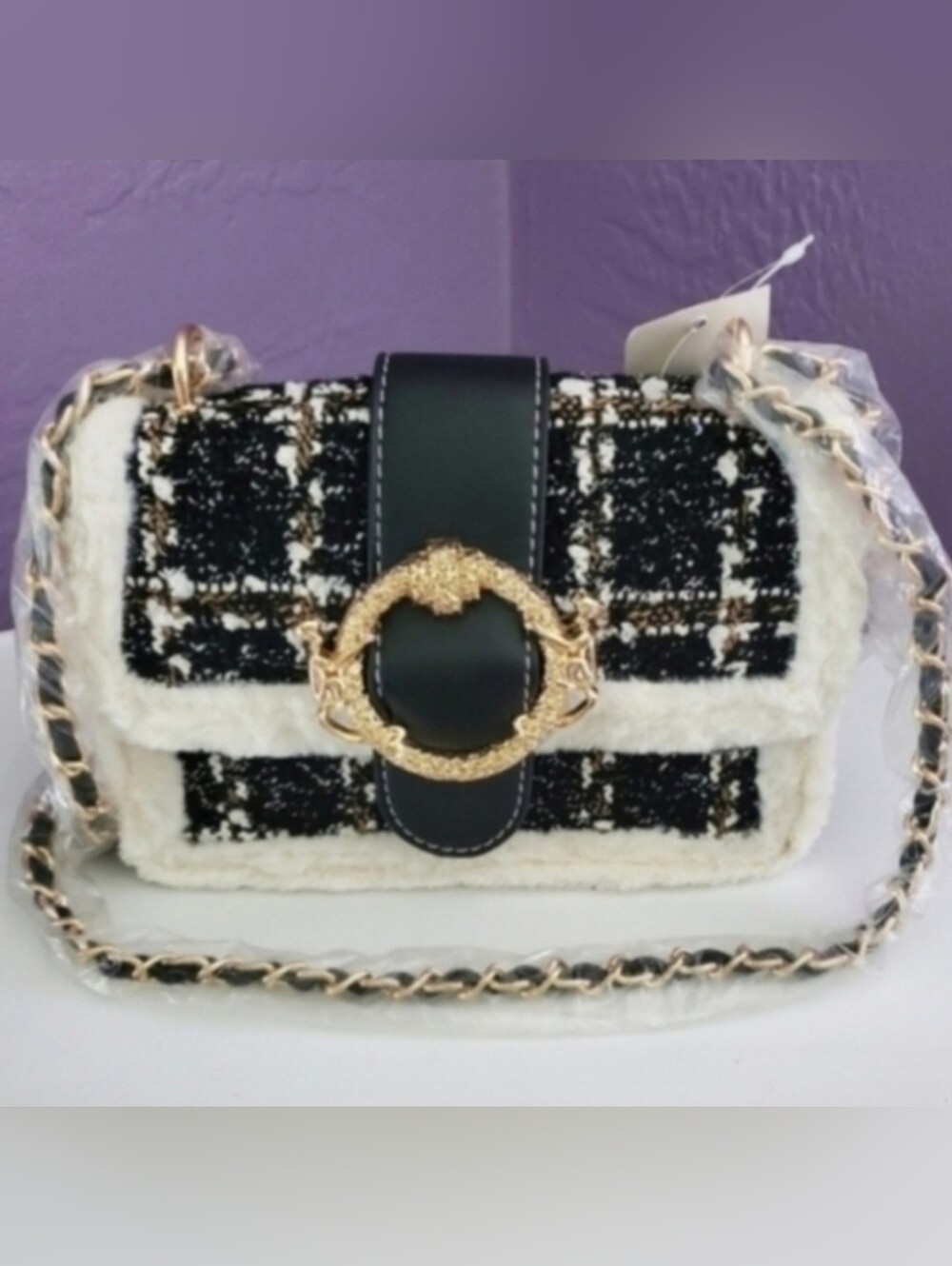 Vintage Style Tweed Double Chain Purse